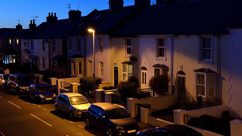 Terraced street with streetlight