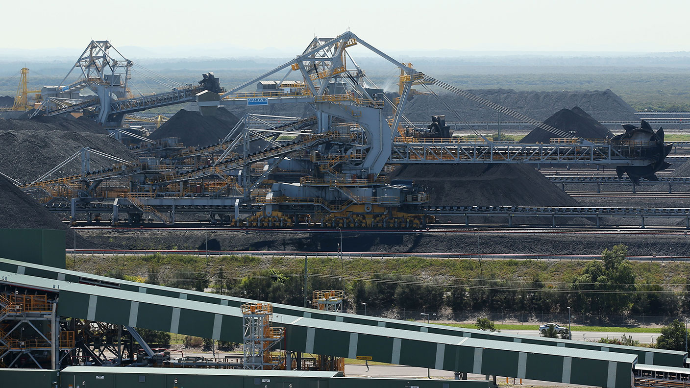 Stacker-reclaimers and stockpiles of coal at the Newcastle Coal Terminal