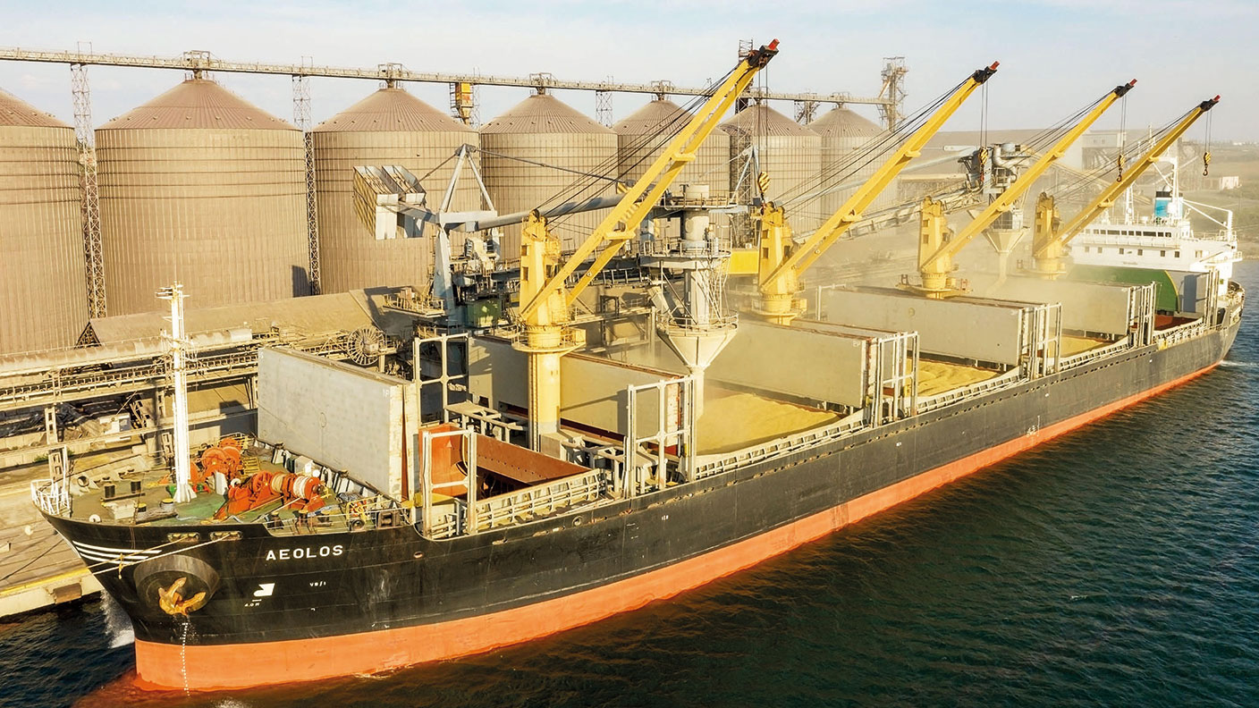 Bulk carrier being loaded with grain