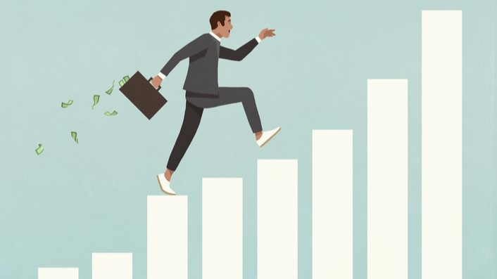Illustration of businessman with briefcase of money running up ascending bar graph