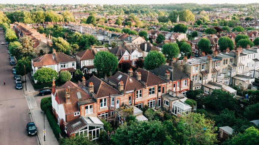 An aerial view of an suburban streets and houses in North London