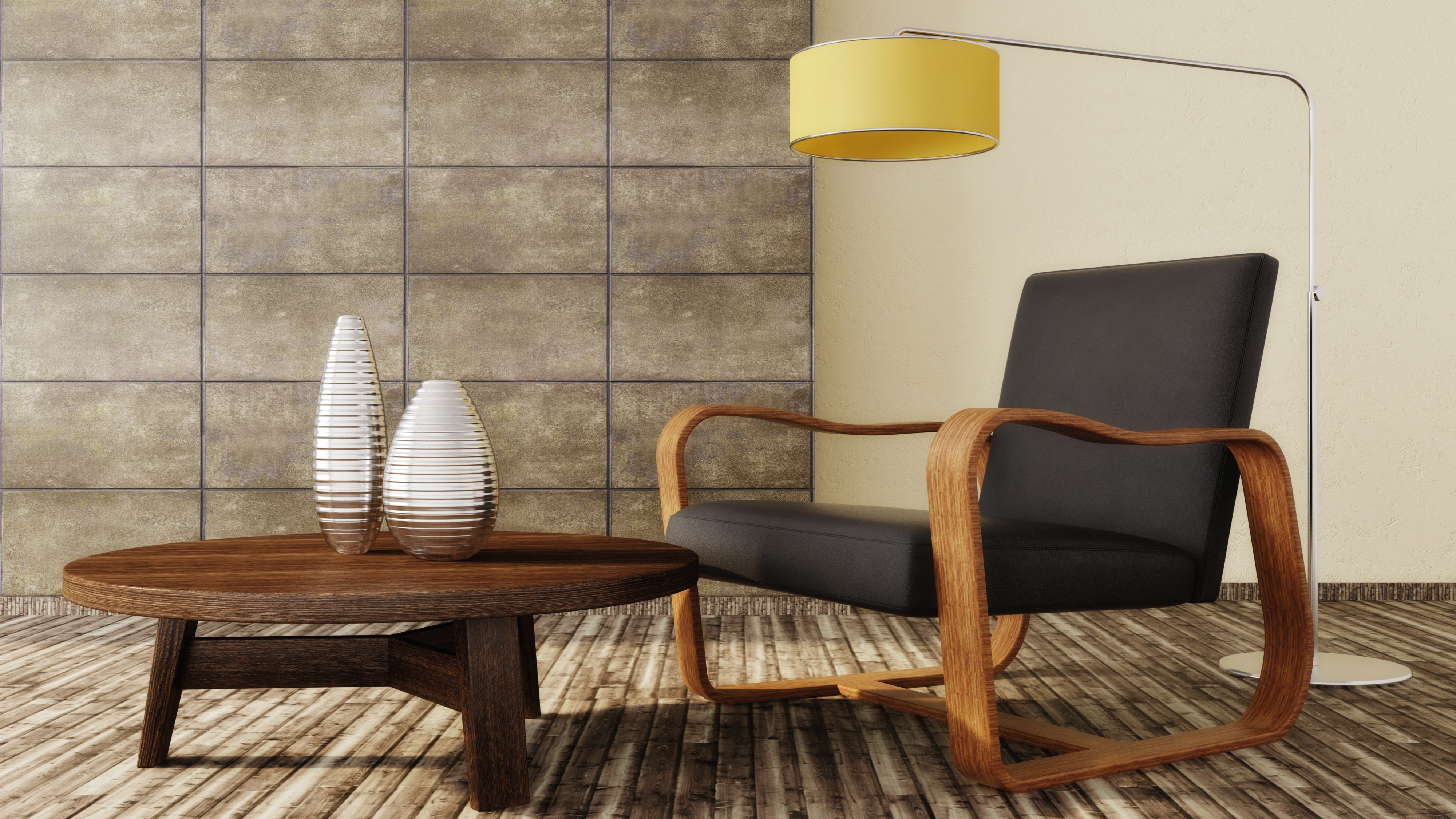 Modern armchair, coffee table and lamp