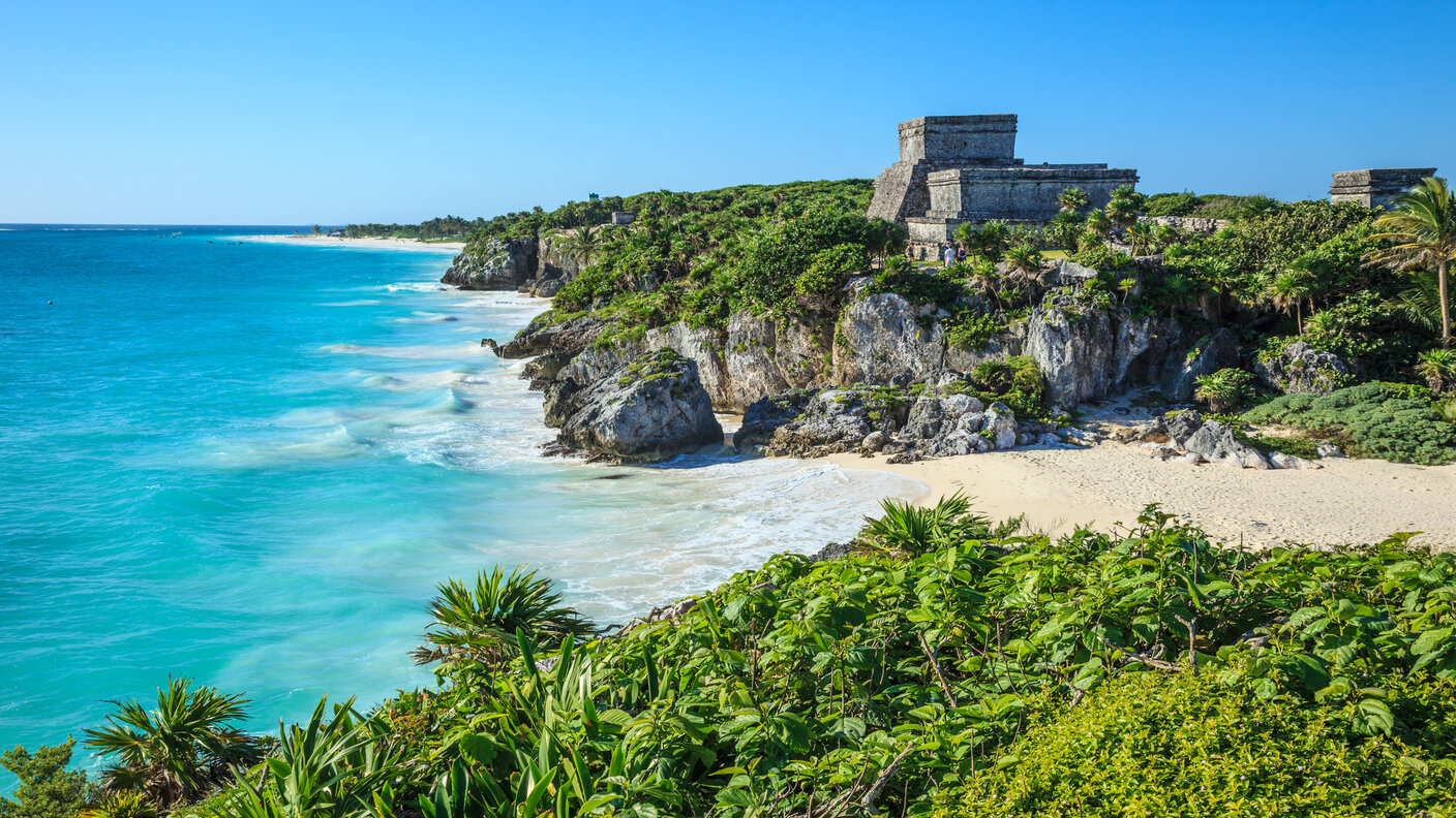 Ruins overlooking a beach in Tulum, Mexico