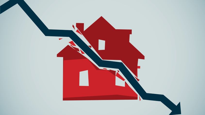 Illustration of downward arrow bisecting a house